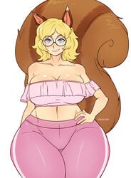 animal_ears artist_name blonde blonde_hair blue_eyes breasts cameltoe cleavage curly_hair curvy curvy_female curvy_figure curvy_hips female_focus hand_on_hip humanoid katie_the_squirrel milf original_character patreon patreon_reward pink_pants pinkkoffin posing puffy_pussy round_glasses shiny_breasts shiny_hair shiny_skin smile smiling smooth_skin solo_focus squirrel_tail stacked_lady standing tail thick_thighs thigh_gap thighs tight_clothing twitter_username voluptuous white_background white_sclera wide_hips yellow_hair yoga_pants