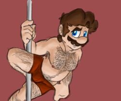 1boy blue_eyes brown_hair bulge chest color hairy koopakinky85 male male_only mario mario_(series) moustache nintendo nipples no_shirt pole pole_dancing red_background red_briefs red_underwear seductive simple_background solo solo_male topless underwear underwear_only