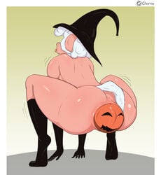 anal anal_object_expulsion anal_prolapse anal_sex anal_toy_expulsion anal_tugging anthro bovid caprine chamie clothing female food fruit goat halloween hat headgear headwear holidays large_insertion mammal penetration plant prolapse pumpkin pumpkin_in_ass solo tongue tongue_out witch_hat