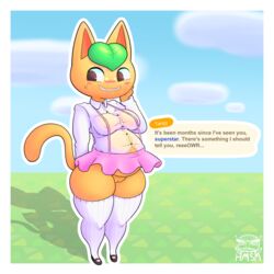 1:1 animal_crossing anthro belly big_belly breasts domestic_cat english_text felid feline felis female hi_res hmsm mammal nintendo pregnant solo tangy_(animal_crossing) text thick_thighs video_games