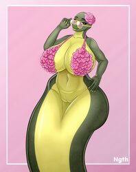 anthro apode big_breasts bottomless bra breasts cleavage clothed clothing draconcopode eyelashes eyewear female flower genitals green_body green_scales hand_on_hip hi_res huge_breasts humanoid_genitalia humanoid_pussy lipstick looking_at_viewer makeup mostly_nude naga ngth non-mammal_breasts plant pussy reptile scales scalie serpentine snake solo sunglasses underwear wide_hips yellow_body yellow_scales