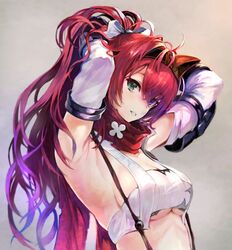 adjusting_hair alushe_anatolia armpits bangs bow breasts commentary_request detached_sleeves female green_eyes hair_between_eyes hairband heterochromia high_ponytail large_breasts long_hair looking_at_viewer nights_of_azure nights_of_azure_2 parted_lips ponytail purple_eyes red_hair scarf sideboob simple_background solo suspenders teeth upper_body white_bow yoru_no_nai_kuni yoru_no_nai_kuni_2 yoshiku_(oden-usagi)