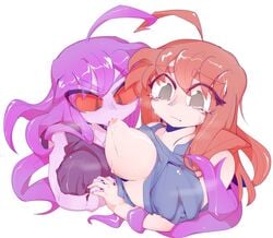 2girls ahoge areolae auburn_hair badeline breasts celeste_(game) crying erect_nipples female female_only grady_bunden holding_hands huge_breasts lactation long_hair madeline_(celeste) nipple_bulge nipples purple_hair red_eyes saliva sucking_nipples tears white_background yuri