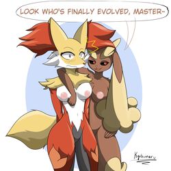 1:1 absurd_res anthro anthro_on_anthro breasts canid canine delphox dialogue duo english_text female female/female genitals hi_res interspecies kyubimaru lagomorph lopunny mammal nintendo nipples nude pokémon_(species) pokemon pokemon_(species) pussy text video_games yuri