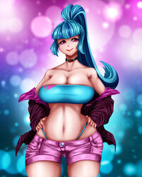 1girls belly big_breasts blue_hair breasts choker cleavage equestria_girls female fenrox friendship_is_magic happy hasbro hips hourglass_figure huge_breasts humanized jacket jacket_off_shoulders jacket_open large_breasts looking_at_viewer my_little_pony navel off_shoulder ponytail purple_eyes short_shorts smile solo solo_female sonata_dusk thighs thong tubetop voluptuous wide