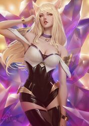 ahri bare_shoulders big_breasts black_clothing blonde_hair choker ear_piercing earrings female female_only fox_ears fox_girl hand_on_hair hips k/da_ahri k/da_series league_of_legends leotard lips lips_parted long_hair looking_down_at_viewer raikoart solo topwear white_clothing yellow_eyes