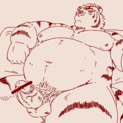 1:1 2020 anthro balls belly erection felid genitals kemono low_res male male_only mammal moobs navel nipples overweight overweight_anthro overweight_male pantherine penis run_aki sitting sketch solo tiger