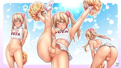 1futa abs ass balls blonde_hair bottomless censored cheerleader daisy_mitsumata embarrassed erection flaccid full-package_futanari futa_only futanari legs legs_up looking_at_viewer marimu_(daisy_mitsumata) mosaic_censoring no_panties original penis penis_under_skirt shy small_penis solo solo_futa testicles upskirt