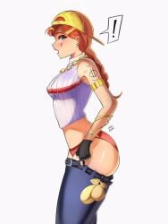 anime_style ass aura_(fortnite) female fortnite fortnite:_battle_royale ginger_hair hat inugaami jeans large_breasts partially_clothed red_panties removing_clothing shocked