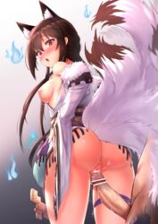 1girls absurdres animal_ear_fluff animal_ears anus areolae ass back bangs bar_censor bare_shoulders blush bottomless breasts breasts_out brown_hair censored chinese_clothes commentary_request detached_sleeves eyebrows_visible_through_hair female female_focus fox_ears fox_tail from_behind fur_trim girls'_frontline gmkj gradient gradient_background gradient_eyes hair_between_eyes highres humanoid imminent_vaginal kemonomimi legs_apart looking_at_viewer looking_back multicolored multicolored_eyes multiple_tails oerba_yun_fang open_mouth pale_skin penis pussy pussy_juice sash sidelocks sitting small_breasts solo solo_focus tail thigh_strap tied_hair type_79_(girls_frontline) wide_sleeves yellow_eyes