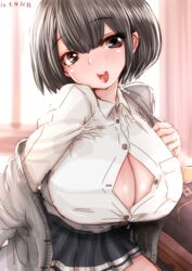 blush brown_hair classroom cleavage curvy female huge_breasts indoor looking_at_viewer open_shirt original original_character school_uniform schoolgirl short_hair skirt smiling souryu thick_thighs