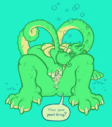 anthro belly big_belly bodily_fluids claws compass_rose_(critterdome) critterdome dragon female genital_fluids genitals hi_res long_neck long_tail presenting presenting_pussy pussy pussy_juice sea_monster solo spread_pussy spreading underwater water