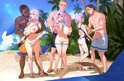 3boys 3girls absurdres ass bangs bar_censor beach beach_chair bikini bikini_lift bikini_pull blue_eyes blue_swimsuit blush braid breast_grab breasts bush censored cloud dark-skinned_male dark_skin faceless faceless_male fingering fujiwara_chika fujiwara_moeha fujiwara_toyomi grabbing grabbing_from_behind hair_ribbon handjob highres huge_breasts interracial kaguya-sama_wa_kokurasetai_~tensai-tachi_no_renai_zunousen~ large_breasts long_hair multiple_boys multiple_girls nail_polish navel nipple_tweak nipples open_mouth palm_tree penis pink_hair pussy pussy_juice ribbon saliva saliva_trail sandals short_hair side-tie_bikini sisters sky smile sohn_woohyoung swimsuit tongue tongue_out tree twintails