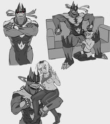 anthro balls black_body black_fur blush bottomwear breasts bulge clothed clothing clothing_lift duo female female_on_anthro foreskin fur furniture genitals greyscale hair hi_res holding_penis human human_on_anthro humanoid_genitalia humanoid_penis interspecies kneeling legendary_pokémon legwear male male_on_human mammal monochrome multicolored_hair multiple_images muscular neetheat nintendo nipples nude one_breast_out panties pants penis pokémon_(species) poképhilia pokemon shirt shirt_lift simple_background single_strike_style_urshifu sitting skindentation smile sofa spread_legs spreading straight tank_top thigh_highs tongue tongue_out topless_female topwear two_tone_hair underwear urshifu ursid ursine video_games white_background