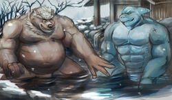 2020 abs anthro belly detailed_background duo fish flirting goro_(live_a_hero) hi_res hot_spring indio_view isaribi_(live_a_hero) live-a-hero male male/male mammal marine musclegut muscular muscular_male pecs scar shark snow tor@ ursid water