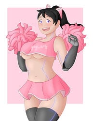 absurd_res black_hair blush cheerleader cheerleader_uniform excited freckles hair_ribbon long_hair mio_(@yagi_arts) open_mouth pink_background pom_poms ponytail purple_eyes robot robot_girl skirt soft_shading thighhighs underboob white_skin yagi_arts