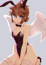 1boy angel_wings ass blue_eyes bowtie brown_hair bunny_boy bunny_ears bunny_suit bunny_tail bunnysuit chromatic_aberration collar crossdressing fake_animal_ears fake_rabbit_ears femboy girly headwear high_heels kid_icarus kid_icarus_uprising legwear light-skinned_male looking_at_viewer male medium_hair nintendo nipple_slip pit_(kid_icarus) shigatera simple_background skimpy twink wings