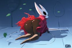 2020 3:2 anthro arthropod ass black_eyes bottomless butt_focus cape cloak clothed clothing female gekasso gela-g-i-s-gela genitals hollow_knight horn hornet_(hollow_knight) insects leaf looking_at_viewer pussy red_cape robe signature team_cherry video_games weapon