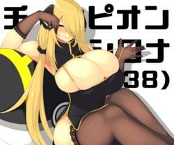 1girls aizawa_marimo alternate_breast_size barely_contained big_breasts blonde_hair blush bra_strap breasts bursting_breasts cleavage cleavage_cutout cleavage_overflow curvaceous curvy_figure cynthia_(pokemon) eye_contact female female_only gloves huge_breasts large_breasts long_hair looking_at_viewer nintendo pokemon pokemon_dppt solo solo_female text thick_thighs thighhighs thighs top_heavy voluptuous yellow_eyes