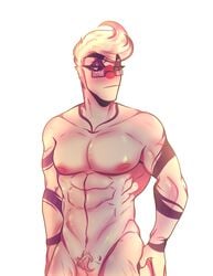 1boy athletic bara blush countryhumans gay glasses japan_(countryhumans) muscular reikmer solo solo_focus white_hair