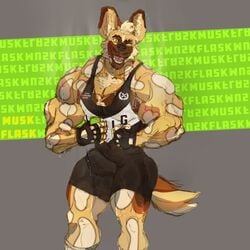 african_wild_dog anthro balls_outline biceps big_bulge big_muscles bodily_fluids brown_body brown_eyebrows brown_fur bulge canid canine cellphone chest_tuft clothed clothing ear_tuft erection erection_under_clothing eyebrows facial_hair fingerless_gloves flexing footwear fur genital_fluids genital_outline gloves green_eyes hair handwear hi_res huge_muscles knee_highs knee_socks legwear looking_at_viewer male male_only mammal moustache multicolored_body multicolored_fur muscular muscular_anthro muscular_male musk muskflask one_eye_closed pecs phone pink_tongue portrait precum quads sharp_teeth skimpy smartphone smile socks solo spots spotted_body spotted_fur tan_body tan_fur tan_hair teeth three-quarter_portrait three-quarter_view tongue triceps tuft wink wrestling_singlet yellow_body yellow_fur