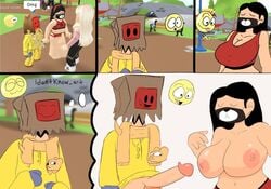 1boy 1girls areolae balls bear_face_mask big_areola big_breasts big_penis black_eyes black_hair bottomless bra breasts cleavage closed_eyes clothed comic crop_top doge_scarf erect_penis erection face_mask female half_naked horny idontknow_art in-game in-game_background long_sleeves male meep_(meepcity) meepcity navel no_bra no_pants pale-skinned_female pale_skin paper_bag penis penis_out precum red_bra red_clothing red_shorts red_topwear roblox roblox_avatar roblox_game scarf shirt shorts sleeves stomach thought_bubble topless veiny_penis yellow_shirt yellow_sleeves