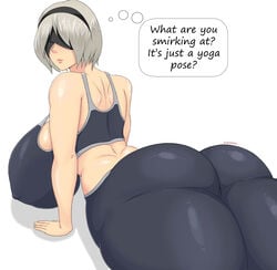 1girls android artistdex ass big_ass black_leggings blindfold breasts fat_ass female grey_hair hairband huge_ass huge_breasts large_ass leggings nier:_automata nier_(series) short_hair speech_bubble sports_bra sportswear text thick_ass thick_thighs thighs tight_clothing tight_pants white_background wide_hips yoga_pants yorha_2b