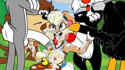 blowbang blowjob bugs_bunny bukkake commission commission_art cum cum_covered cum_in_hair cum_on_body cum_on_breasts cum_on_face daffy_duck fellatio gangbang handjob huge_cock jerking lagomorph lola_bunny looney_tunes multiple_penises outercourse paizuri soft_feathers stroking superblast sylvester taz tweety_bird warner_brothers