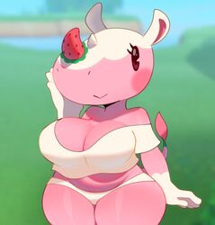 animal_crossing animal_ears anthro artist_name big_breasts blurred_background breasts cleavage cute eyelashes female female_focus humanoid long_eyelashes looking_at_viewer mature mature_female mature_woman merengue_(animal_crossing) nintendo outdoors parody pink_skin posing rhino rhinoceros shortstack sitting smile smiling smiling_at_viewer solo_female solo_focus somescrub stacked_lady strawberry suggestive thick_thighs thighs twitter twitter_username video_game wide_hips