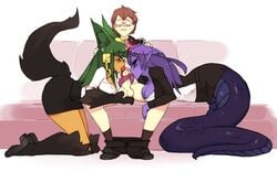 1boy 2girls animal_ears animal_hands animal_legs anubis_(monster_girl_encyclopedia) apophis_(monster_girl_encyclopedia) black_footwear black_jacket black_sclera black_skirt blunt_bangs blush breasts cleavage closed_mouth clothed_sex collaborative_fellatio couch couch_sex dark-skinned_female dark_green_hair dark_skin double_fellatio egyptian fellatio ffm_threesome full_body glasses green_eyes green_hair hair_ornament hand_on_another's_head jackal_ears jacket lamia large_breasts larger_female licking licking_penis light-skinned_male light_skin long_hair long_tongue monster_girl monster_girl_encyclopedia multiple_fellatio multiple_girls office_lady opaque_glasses open_mouth oral penis purple-skinned_female purple_hair purple_skin red_eyes rtil saliva second-party_source shirt skirt smaller_male snake_hair_ornament spread_legs tail teamwork threesome tongue tongue_out tonguejob white_shirt