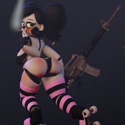 2020 3d ass baby_(fnafsl) black_bra black_hair black_panties black_pants bleeding_mascara blowing_smoke cigar cigarette circus_baby circus_baby_(fnaf) clown clown_girl five_nights_at_freddy's five_nights_at_freddy's:_sister_location goth goth_baby goth_girl gothic green_eyes gun gynoid holding_cigar holding_cigarette holding_gun knee_high_socks looking_at_viewer m16 m16a1 roller_skates sfmporn_(artist) sister_location smoke smoking so87baby source_filmmaker summer_baby summer_of_87_baby