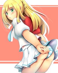 1girls ass blonde_hair blue_striped_panties blush blushing female green_eyes human kaben lillie_(pokemon) long_hair nintendo panties pokemon pokemon_sm skirt_lift solo standing striped_panties thighs underwear upskirt yellow_hair