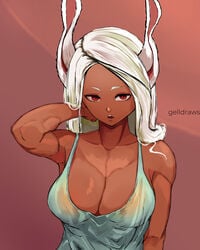 1girls animal_ears arm_behind_head bangs big_breasts breasts bunny_ears cleavage clothing dark-skinned_female dark_skin female female_only gelldraws long_hair looking_at_viewer miruko my_hero_academia open_mouth red_eyes rumi_usagiyama tank_top upper_body white_hair