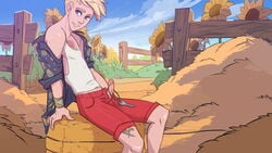 1boy alex_(cockville) blonde_hair circumcised cockville holding_penis human male_only nature nutaku outdoor outdoors penis_grab penis_out posing red_shorts shorts sitting solo_male t-shirt white_t-shirt