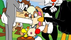 blowbang blowjob bugs_bunny commission commission_art daffy_duck fellatio gangbang gloves handjob huge_cock jerking lagomorph lola_bunny looney_tunes multiple_penises multiversus soft_feathers stroking superblast sylvester taz tweety_bird warner_brothers