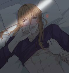 abs artist_request brown_hair embarrassed glaring long_hair_male male_focus mystic_messenger offscreen_character on_back on_bed shirt_lift undressing vanderwood_(mystic_messenger) wrist_grab