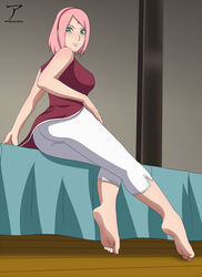 1girls arekusanderu ass barefoot bed blush boruto:_naruto_next_generations breasts clothing dress facial_mark feet female female_only forehead_mark fully_clothed green_eyes hairband looking_at_viewer naruto naruto_(series) on_bed pants pink_hair sakura_haruno sideboob sitting sleeveless sleeveless_dress smile soles solo toes