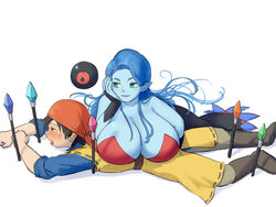 1boy 1girls bandana blue_hair blue_skin breast_crush breasts breasts_bigger_than_head cleavage clothing dragon_quest dragon_quest_viii dress fangs female fingerless_gloves hero_(dq8) huge_breasts hyper hyper_breasts large_breasts lipstick long_hair male pointy_ears redthread821 smug straight wand white_background witch_lady_(dq8)