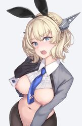 1girls big_breasts blonde_hair blouse blue_eyes breasts bunny_ears colorado_(kantai_collection) cuffs eyelashes eyeliner female female_only gloves kantai_collection lingerie looking_at_viewer makeup medium_hair nipples open_mouth pantyhose pubic_hair reverse_bunnysuit rokuwata_tomoe shirt tears