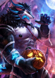 2020 5_fingers anthro bandage barazoku black_body black_fur black_hair blue_claws blue_horn chest_tuft claws collar collar_only convenient_censorship dark detailed detailed_background digital_media_(artwork) dragon fingers food fruit fur furred_dragon ghost grin hair halloween hi_res holding_object holidays horn jack-o'-lantern leash light looking_at_viewer male male_only moon moonlight mountain multicolored_body multicolored_fur muscular muscular_anthro muscular_male night nipples nude nviek5 orange_eyes plant pumpkin rope smile solo spade_tongue spirit standing studded_collar teeth tongue tongue_out tuft two_tone_body two_tone_fur white_body white_fur