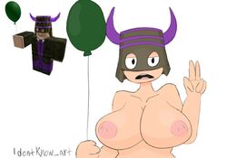 1girls 2d areolae artist_name balloon big_areola big_breasts breasts bucket female female_only green_balloon holding_balloon horns idontknow_art large_breasts looking_at_viewer nipples nude nude_female open_mouth pale-skinned_female pale_skin purple_horns reference_image request roblox roblox_avatar simple_background sketch solo solo_female standing stomach tongue white_background