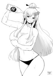 black_panties blush cleavage commission cowboy_shot female frolaytia_capistrano grinning hair_ornament hand_bra heavy_object hips holding_breast huge_breasts long_hair midriff monochrome navel norman_maggot panties panties_only sake sake_bottle sweat thighs topless underboob