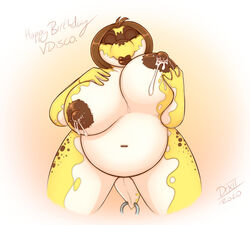 anthro big_breasts bodily_fluids breasts brown_lips chubby_female digital_media_(artwork) drxii female hair huge_breasts jewelry lactating lips nipples noffy non-mammal_breasts nude nushi piercing reptile scalie simple_background solo tail_jewelry tail_ring yellow_body