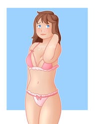 1girls absurd_res blue_background blue_eyes blush bra brown_hair freckles hand_in_hair long_hair looking_at_viewer ollie_(@yagi_arts) panties partially_clothed pink_bra pink_panties soft_shading thighs tummy white_skin yagi_arts