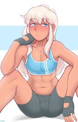 1boy abs blue_eyes blush bulge cody_(dross) dross femboy girly looking_at_viewer male male_only original shorts solo tight_clothing toned_body toned_male trap