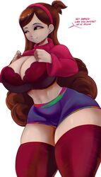 1girls aged_up alternate_breast_size big_breasts bra breasts brown_hair chromatic_aberration curvy_figure disney disney_channel earrings female gravity_falls hairband huge_breasts huge_thighs implied_incest large_breasts long_hair lyn_nyl mabel_pines name_drop shorts standing straight_hair sweater sweater_lift thick_thighs thigh_gap thighhighs thighs wide_hips