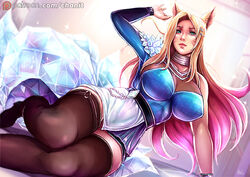 1girls ahri big_breasts blonde_female breasts cleavage female female_only k/da_ahri k/da_series kachima large_breasts league_of_legends lowres riot_games solo thighhighs