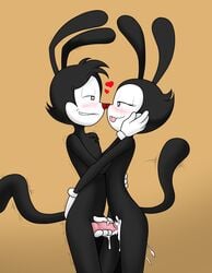 animaniacs anthro bite biting_lip black_body black_fur blush bodily_fluids brother brother_and_sister clothing cum cum_on_pussy dot_warner duo embrace erection female fur genital_fluids genitals gloves hand_on_face handjob handwear head_tuft heart hi_res incest inkblot male mammal nose_to_nose nude penile penis red_nose sandwich-anomaly sex shaking sibling sister straight teeth tongue tongue_out tuft wakko_warner warner_brothers young