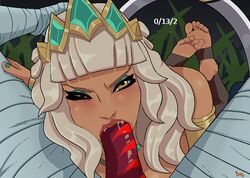 1boy big_penis blowjob clothed clothed_sex crown cum_in_mouth feet feet_together feet_up fellatio female gold gold_eyes green_nail_polish green_nails hand_on_head jewelry jungle league_of_legends looking_at_viewer mohoshadream nail_polish oral oral_sex penis pixel_art pov pov_blowjob qiyana_yunalai ratio sassy soles toes uncensored weapon white_hair yellow_eyes yone