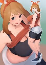 1girls alternate_breast_size blue_eyes bra female female_focus female_only game_freak hair_ribbon huge_breasts may_(pokemon) may_(pokemon_oras) medium_hair minishorts moebell nintendo pokemon pokemon_oras shorts solo sports_bra standing thick_thighs voluptuous